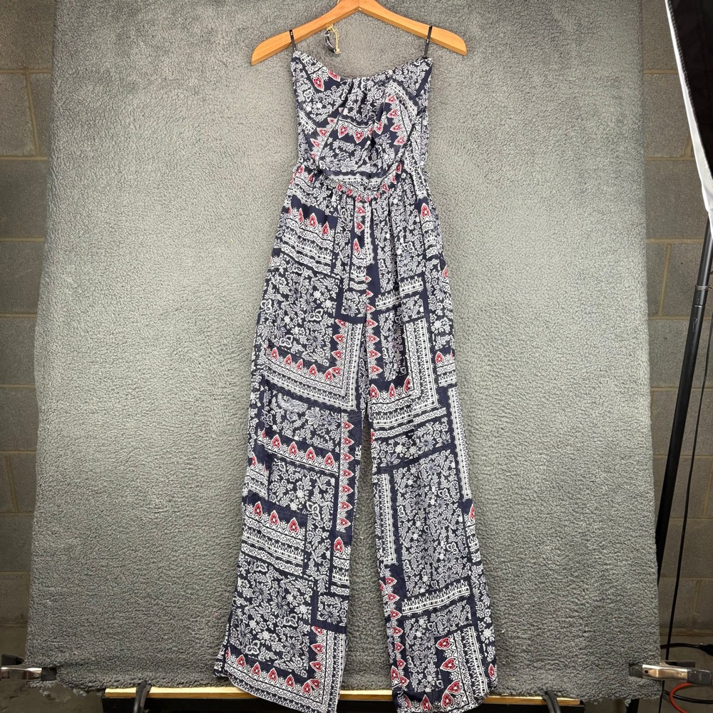 Iris Los Angeles Womens‎ Blue Paisley Boho Strapless Jumpsuit Medium Wide Leg